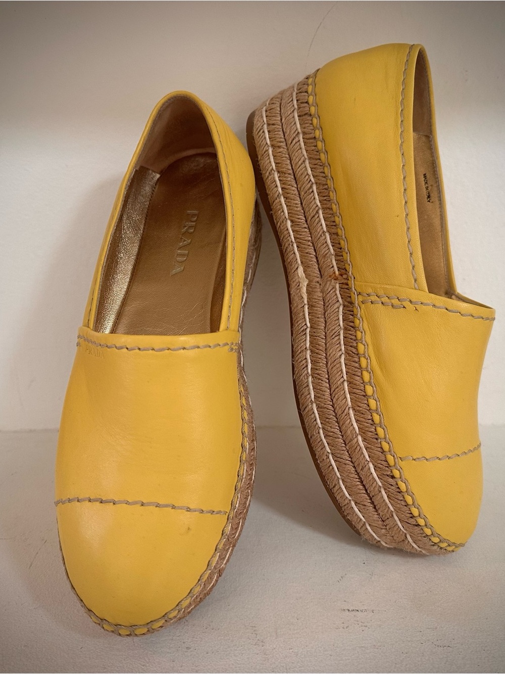 Prada Yellow Leather Platform Espadrille Loafers 40.5